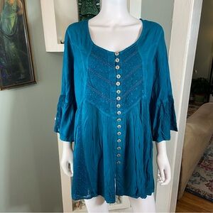 New NWT Roaman's Taylor Teal Bell Sleeve Babydoll Blouse Top Shirt Tunic 22W